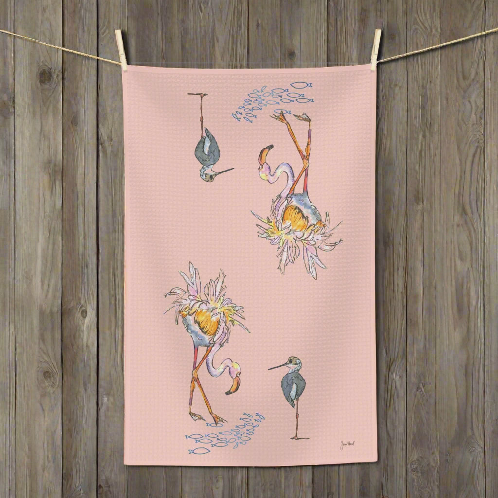 Tea Towel Microfiber "Salty Birds-Pink" art by Janet Hoard