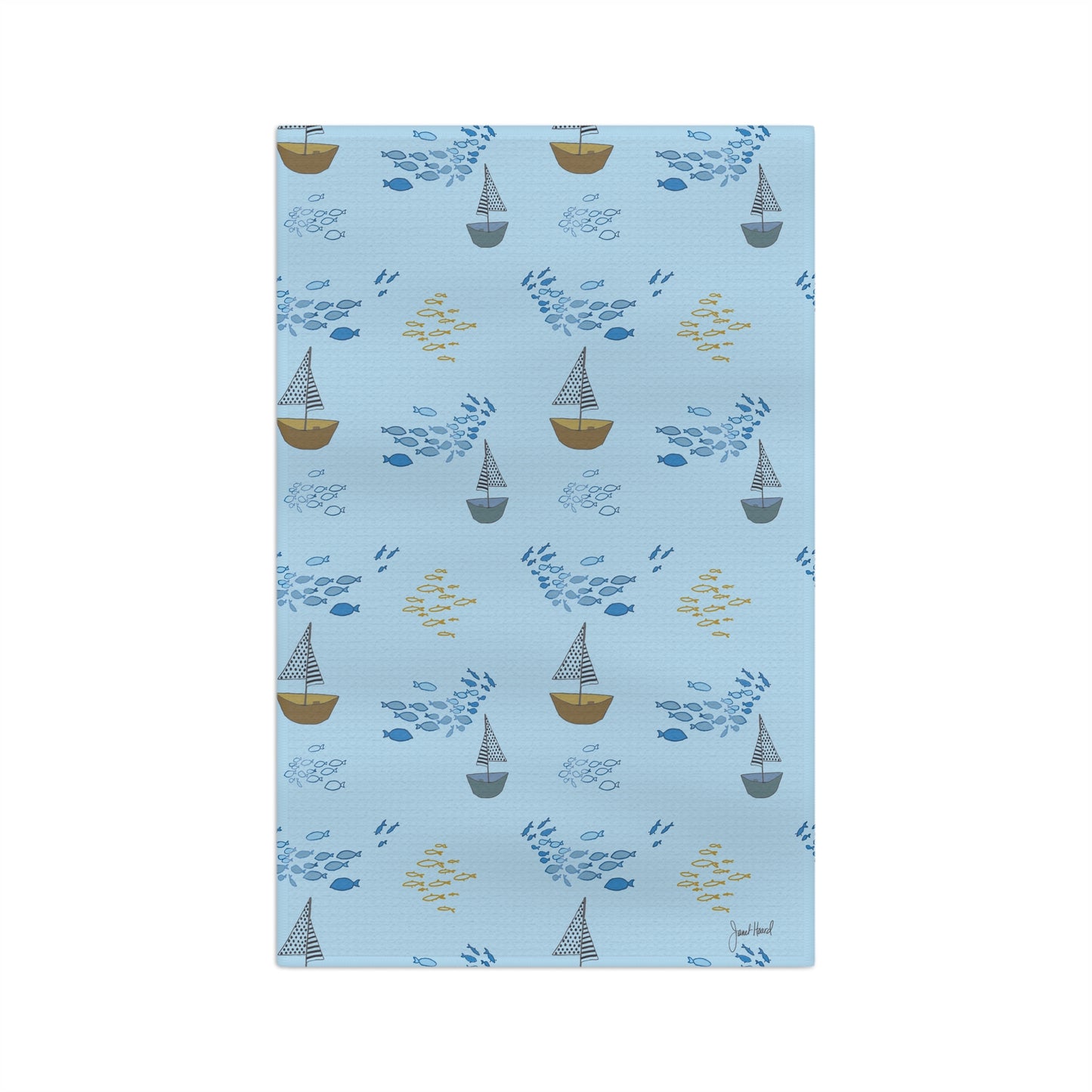 Tea Towel Microfiber "Sailaway Sailboats - Blue" art by Janet Hoard