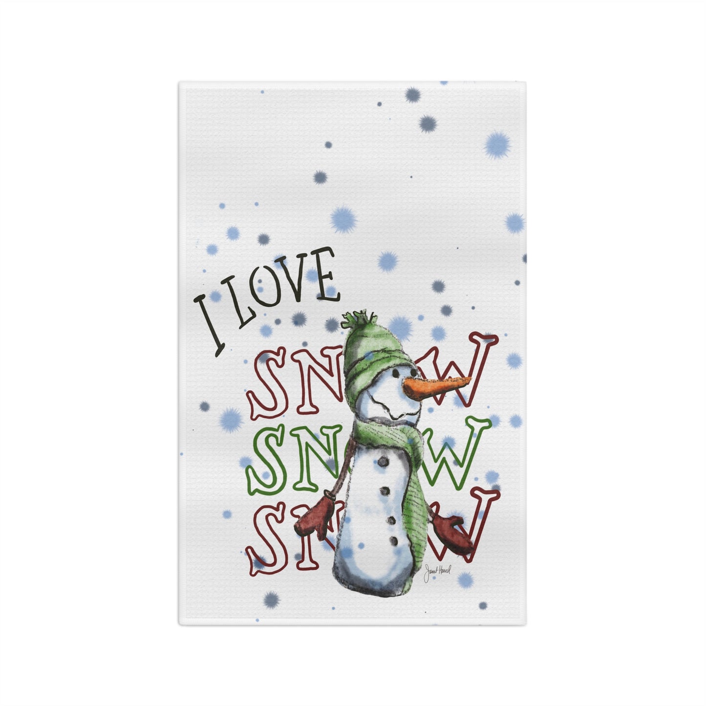 Tea Towel Microfiber "I Love Snow Snow Snow" art by Janet Hoard