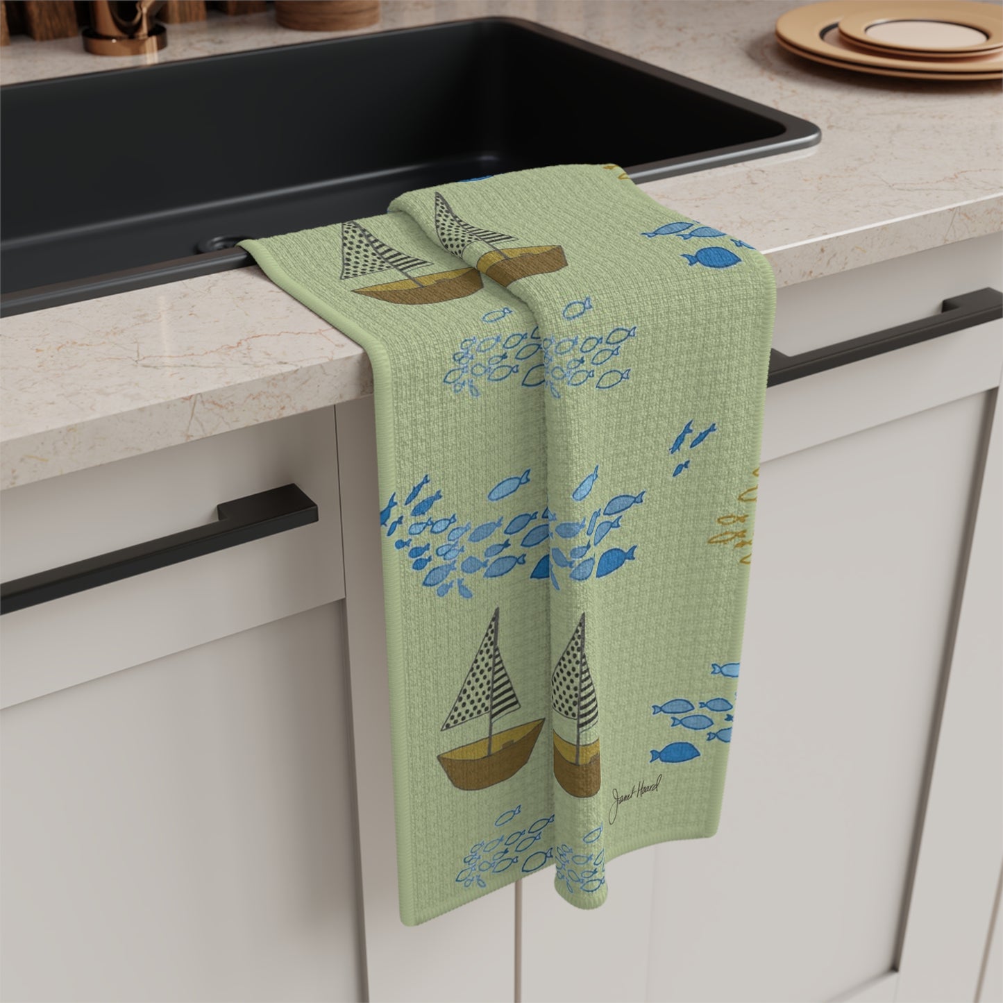 Tea Towel Microfiber "Sailaway Sailboats - Green" art by Janet Hoard