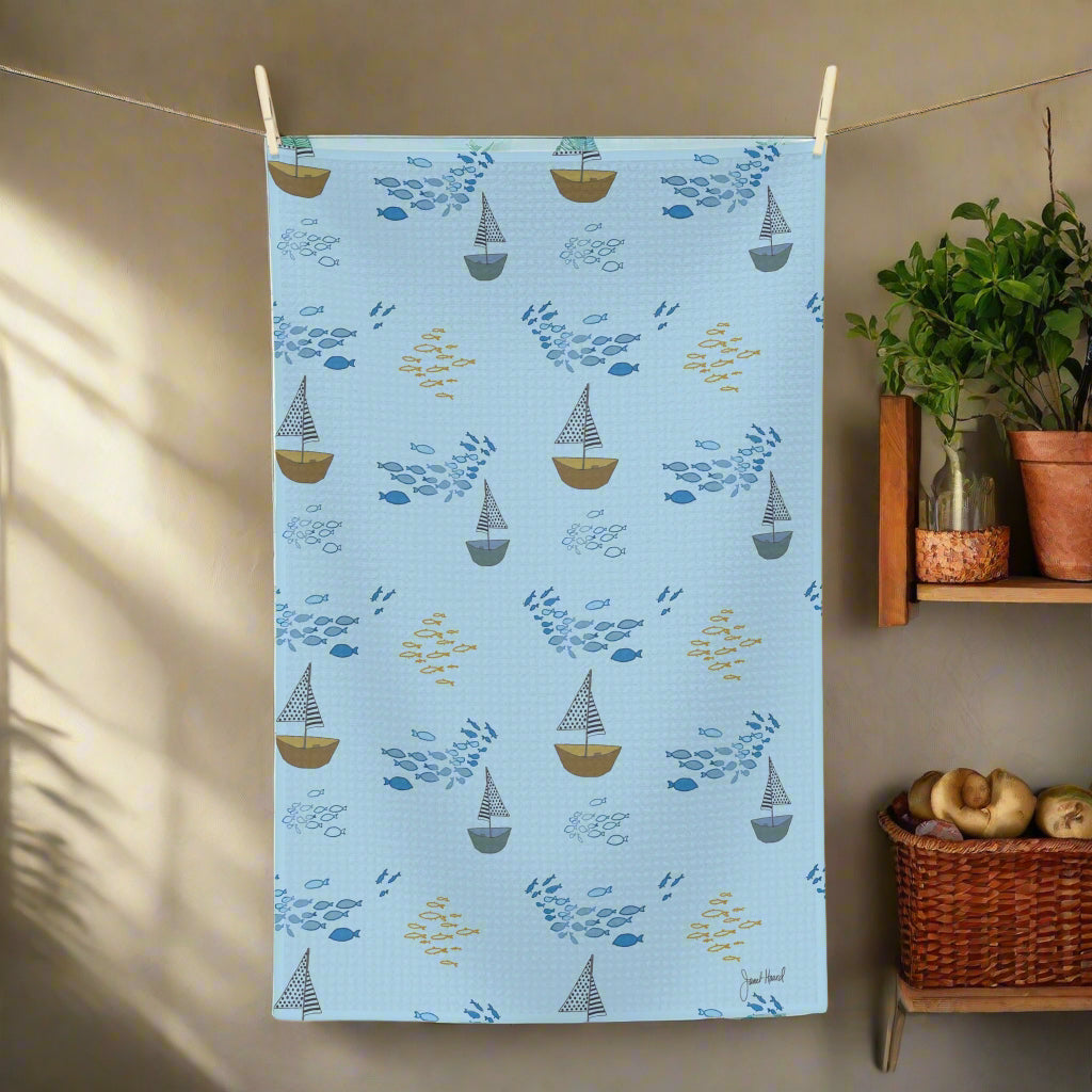 Tea Towel Microfiber "Sailaway Sailboats - Blue" art by Janet Hoard