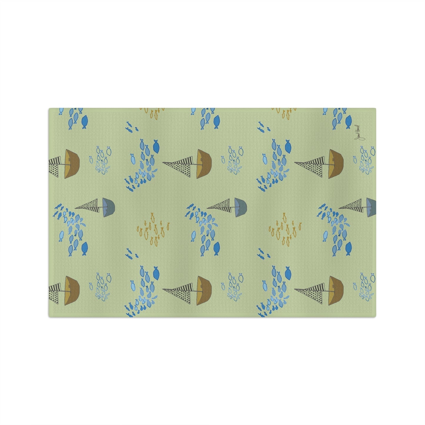 Tea Towel Microfiber "Sailaway Sailboats - Green" art by Janet Hoard