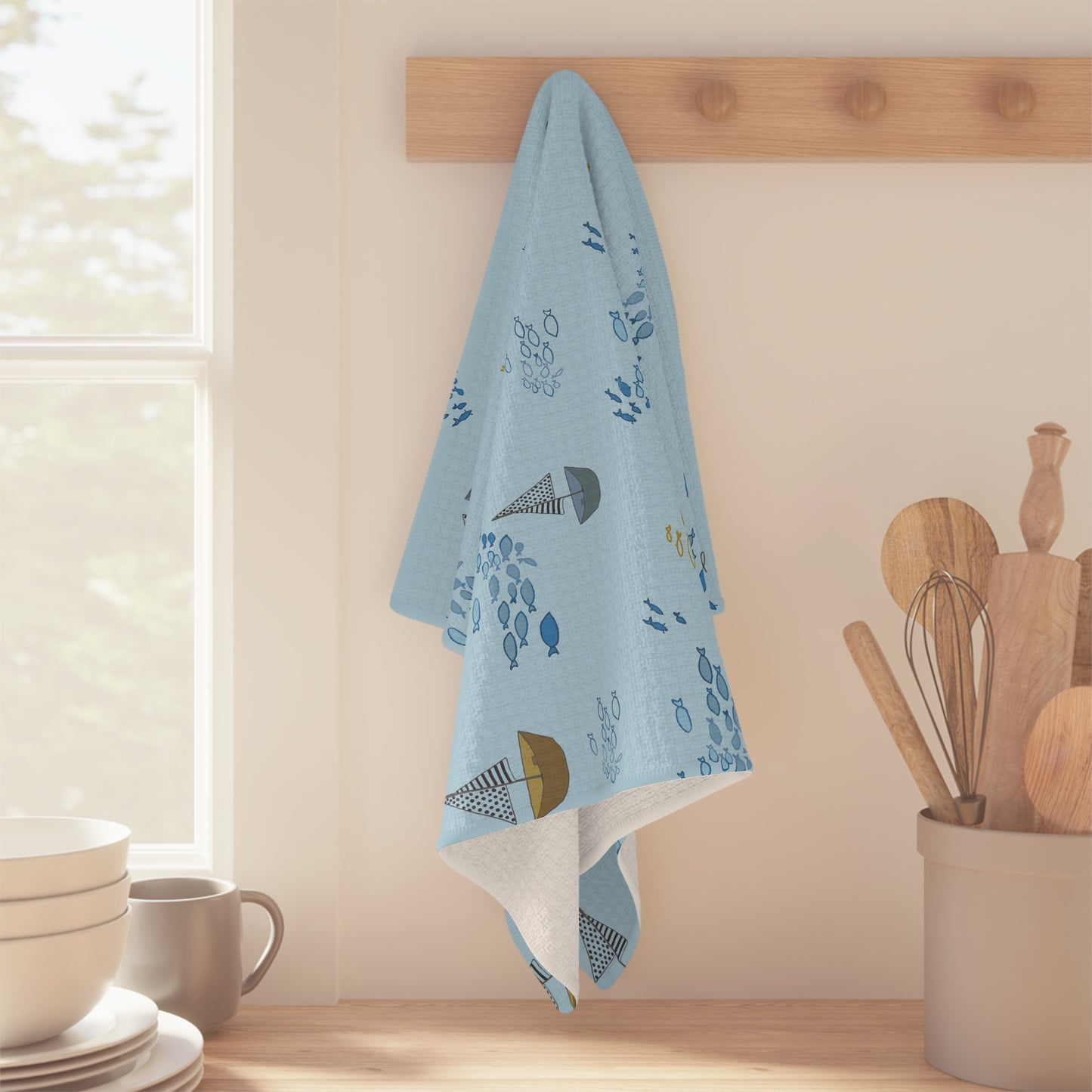 Tea Towel Microfiber "Sailaway Sailboats - Blue" art by Janet Hoard