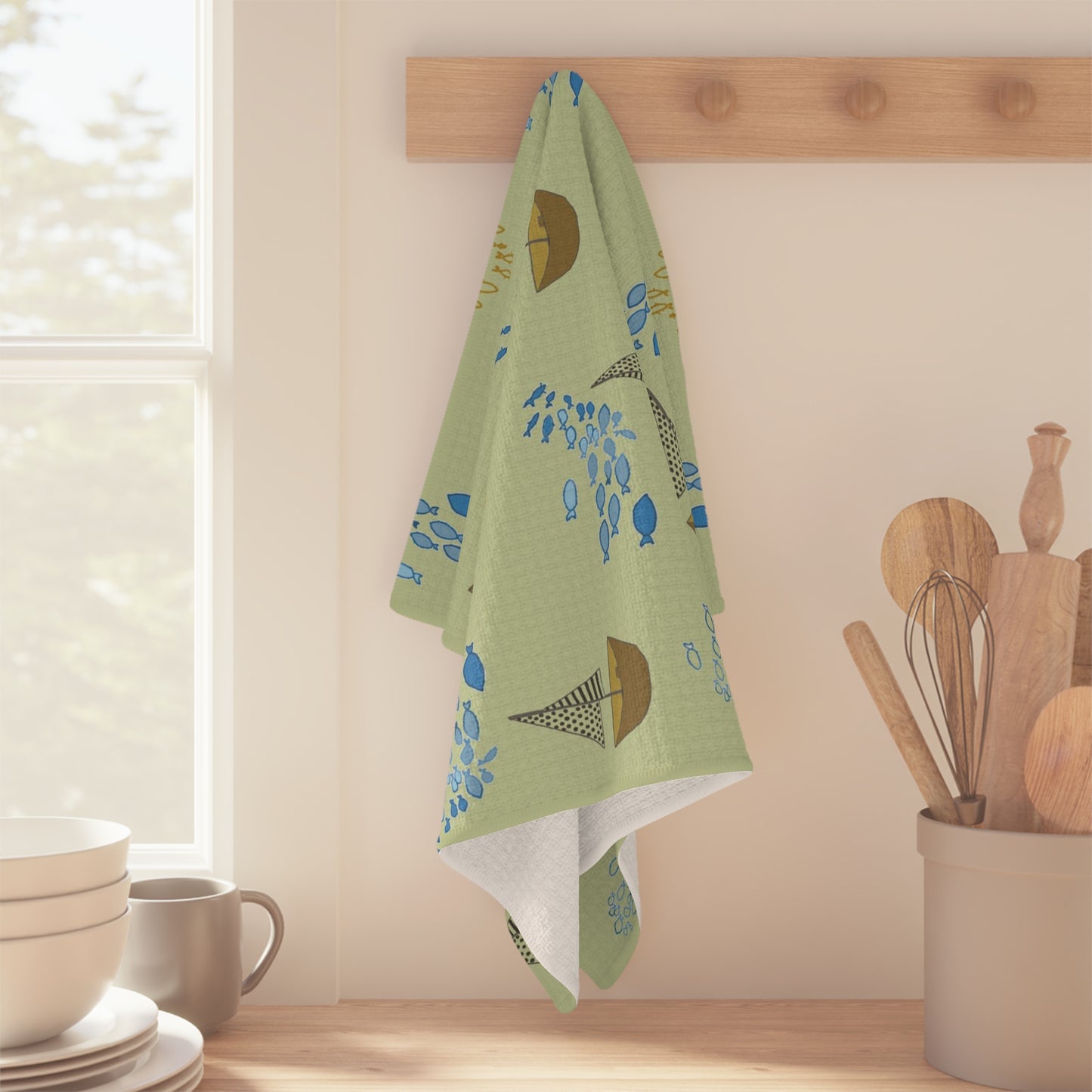 Tea Towel Microfiber "Sailaway Sailboats - Green" art by Janet Hoard