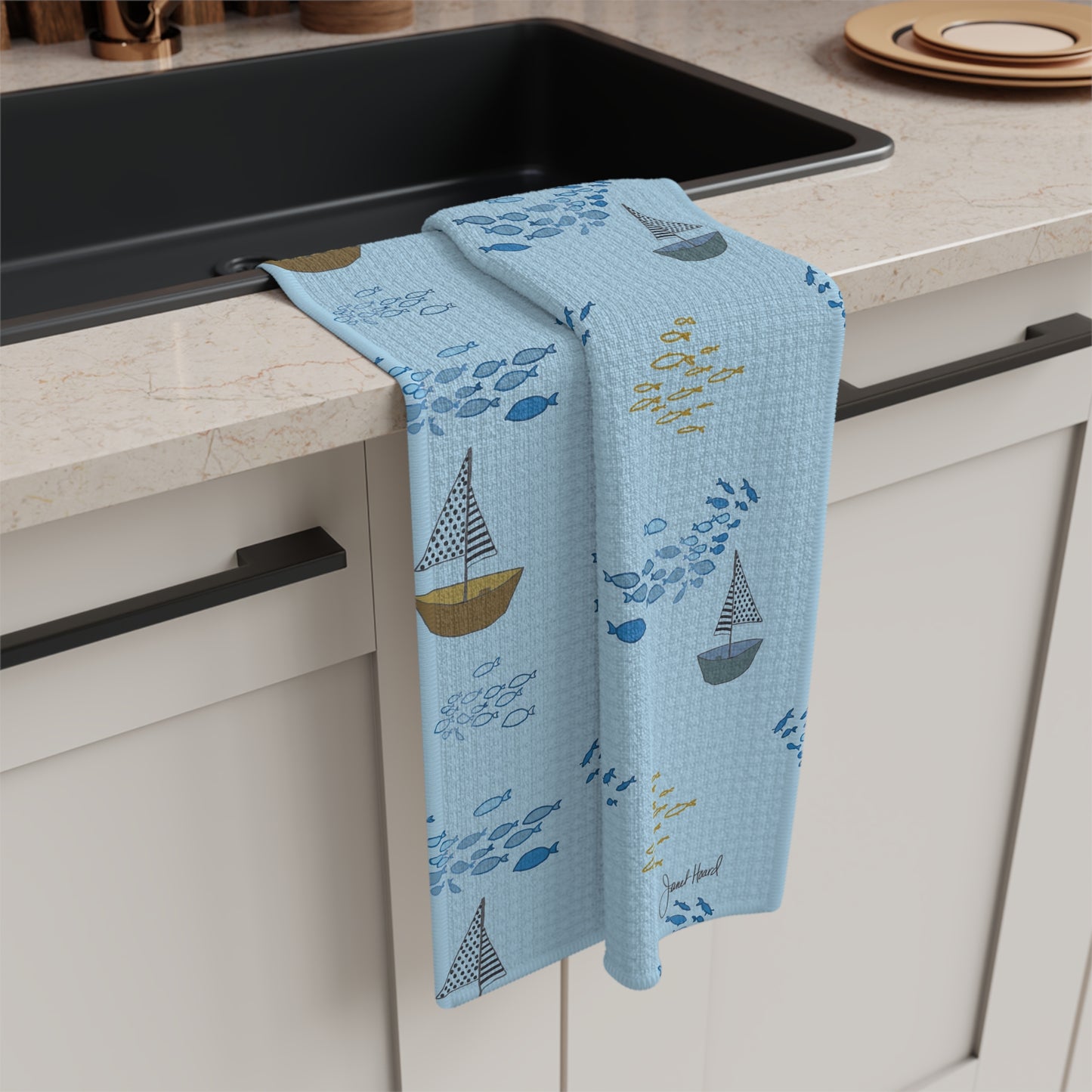 Tea Towel Microfiber "Sailaway Sailboats - Blue" art by Janet Hoard