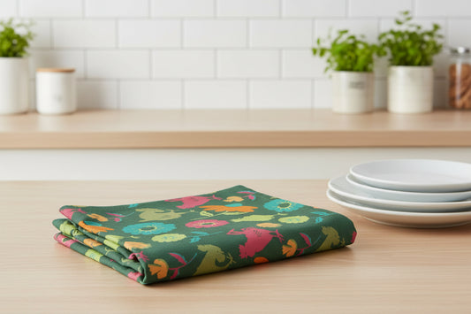 Farmhouse Floral Kitchen Towel “Barnyard in Bloom” | Rooster Garden Decor