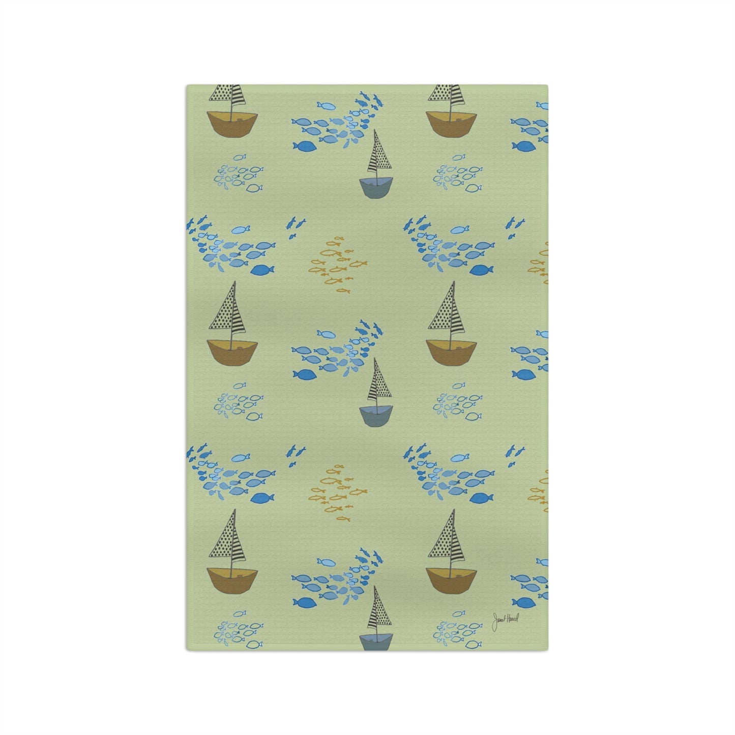 Tea Towel Microfiber "Sailaway Sailboats - Green" art by Janet Hoard