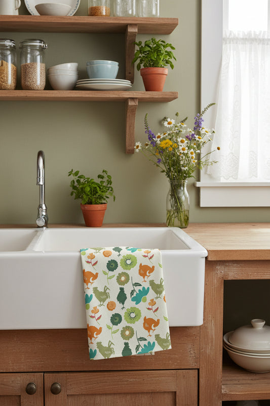 Farmhouse Rooster Kitchen Towel | Microfiber Kitchen Towel | Floral Chicken Design