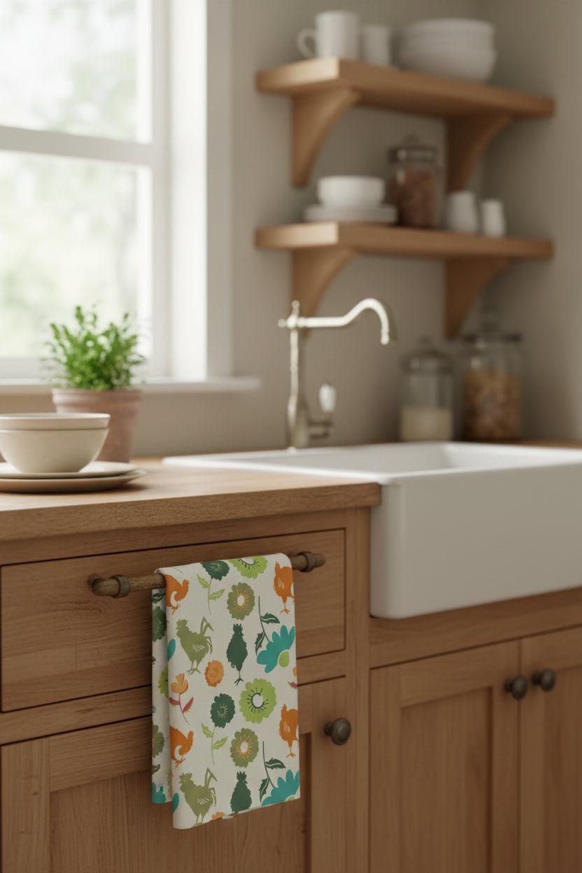 Farmhouse Rooster Kitchen Towel | Microfiber Kitchen Towel | Floral Chicken Design