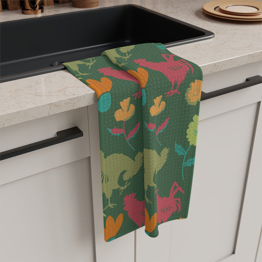 Farmhouse Floral Kitchen Towel “Barnyard in Bloom” | Rooster Garden Decor