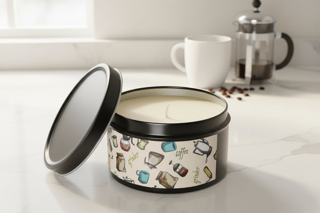 Coffee Scented Tin Candle | Coffee Grinder Art | Cozy Kitchen Decor