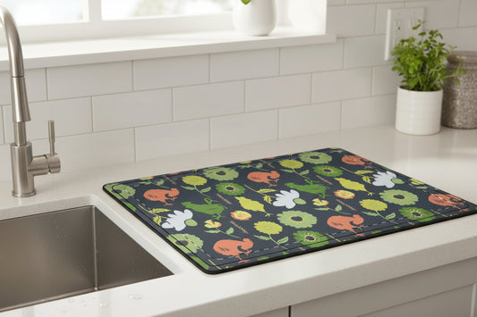 Kitchen Drying Mat “Barnyard in Bloom – Green” | Floral Rooster Farmhouse Decor