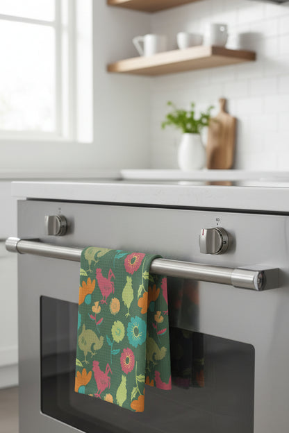Farmhouse Floral Kitchen Towel “Barnyard in Bloom” | Rooster Garden Decor