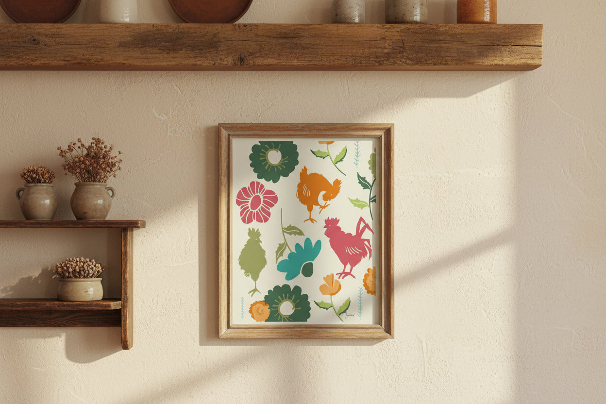 Across the Fence Wall Art | Whimsical Farmhouse Animal Botanical Print