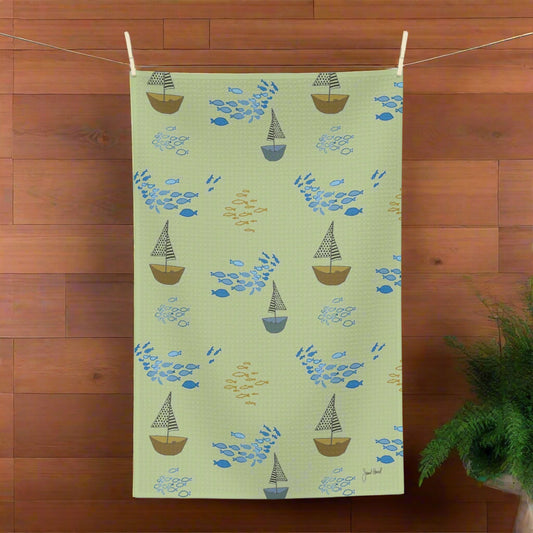Tea Towel Microfiber "Sailaway Sailboats - Green" art by Janet Hoard