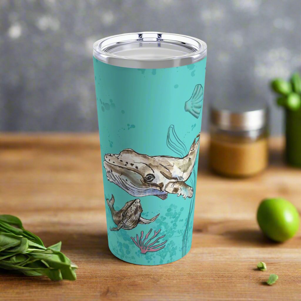 Tumbler 20oz "Whale Mother & baby" with handmade art by Janet Hoard