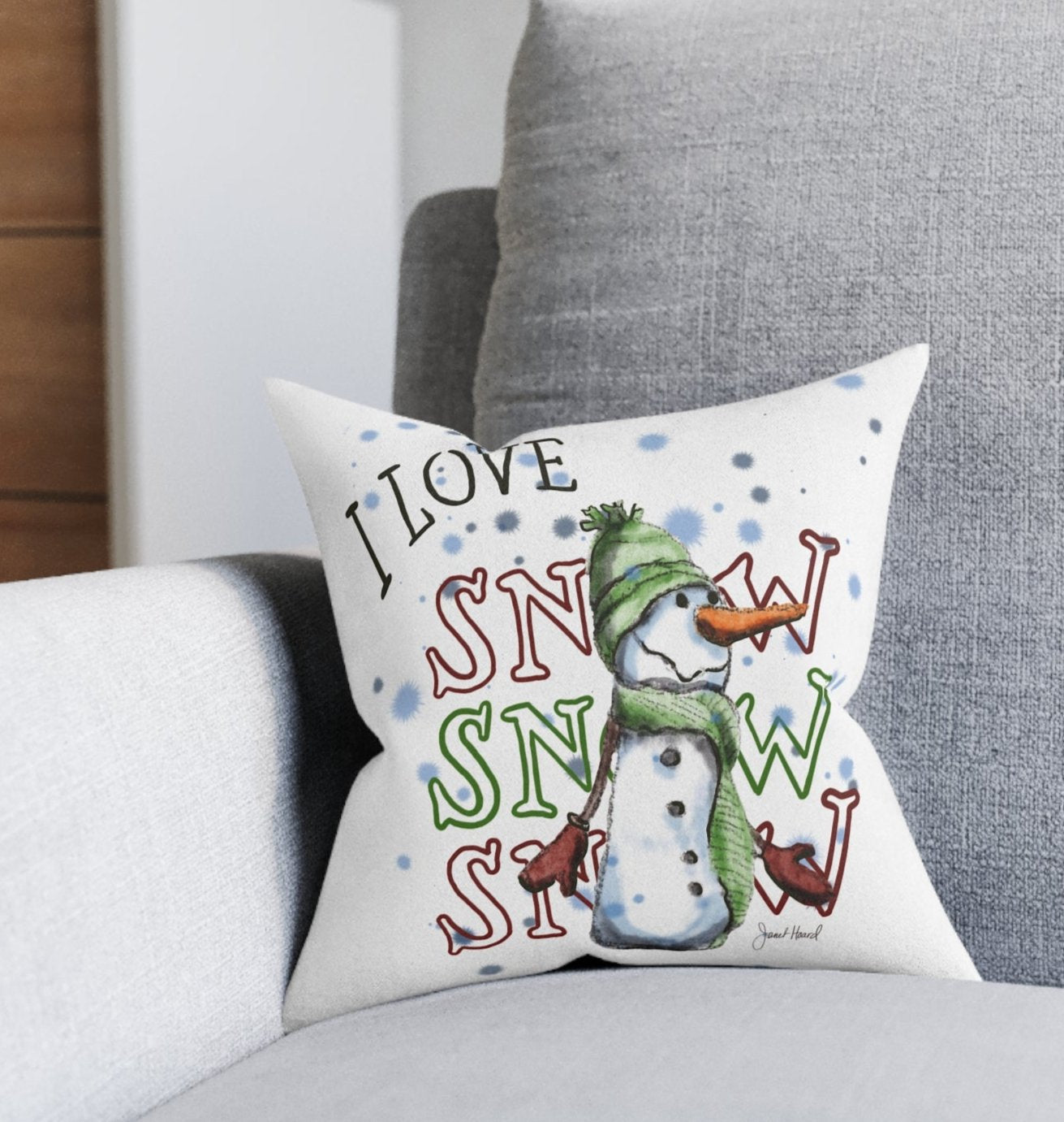 Square Pillow - "I Love Snow Snow Snow" by Janet Hoard