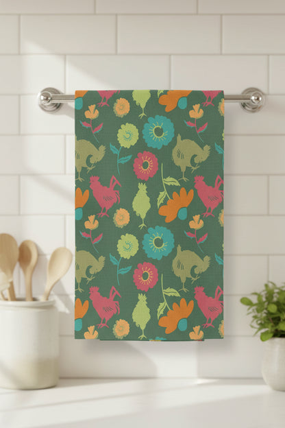 Farmhouse Floral Kitchen Towel “Barnyard in Bloom” | Rooster Garden Decor