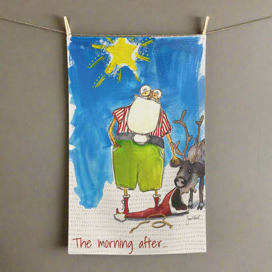 Tea Towel Microfiber "The Morning After...... Santa" art by Janet Hoard