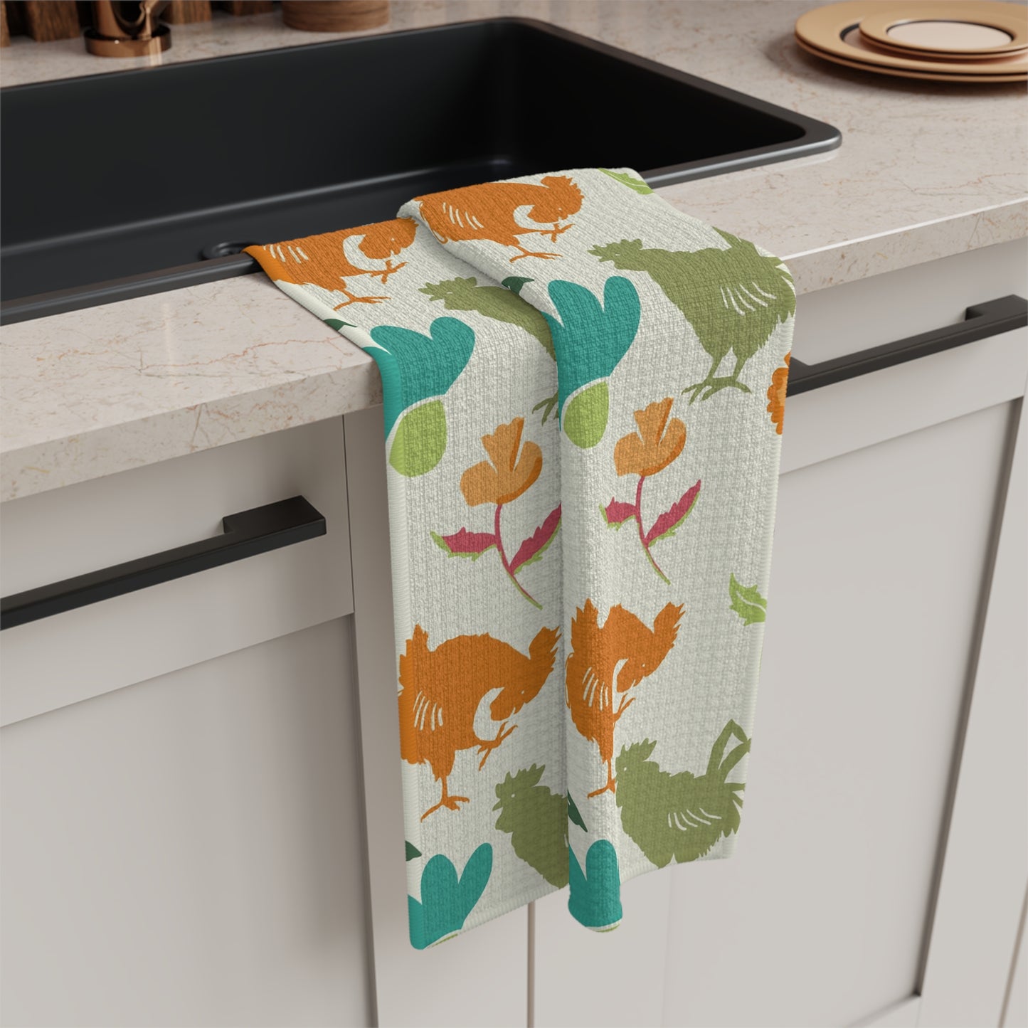 Farmhouse Rooster Kitchen Towel | Microfiber Kitchen Towel | Floral Chicken Design