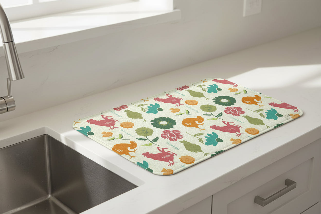 Kitchen Drying Mat “Barnyard in Bloom – Cream” | Floral Rooster Farmhouse Decor