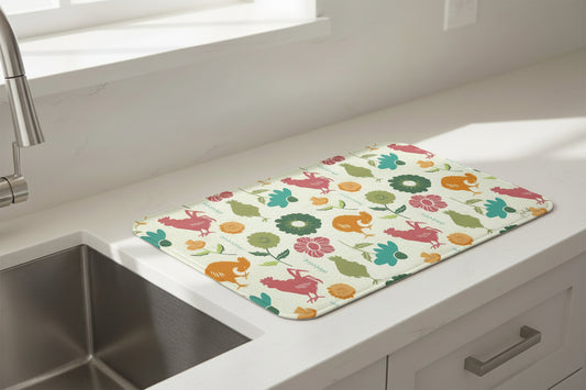 Kitchen Drying Mat “Barnyard in Bloom – Cream” | Floral Rooster Farmhouse Decor