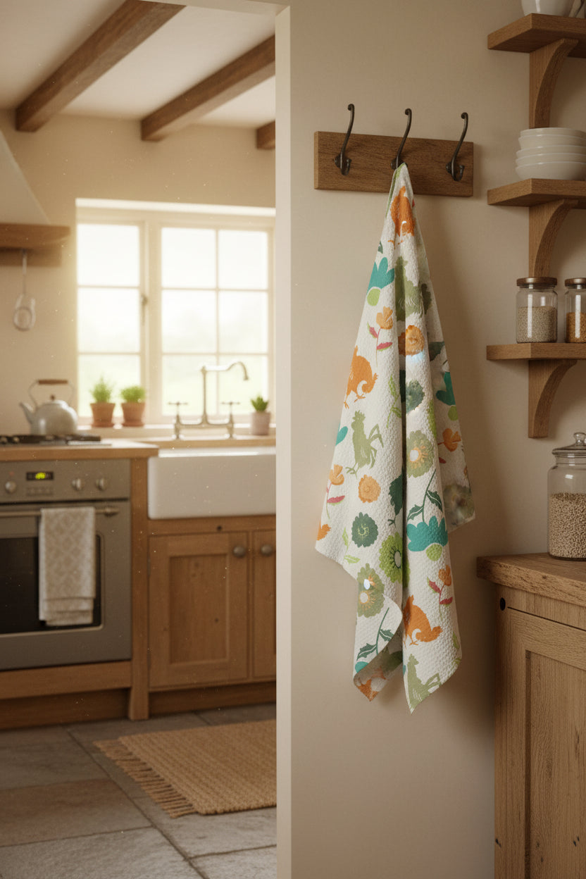 Farmhouse Rooster Kitchen Towel | Microfiber Kitchen Towel | Floral Chicken Design