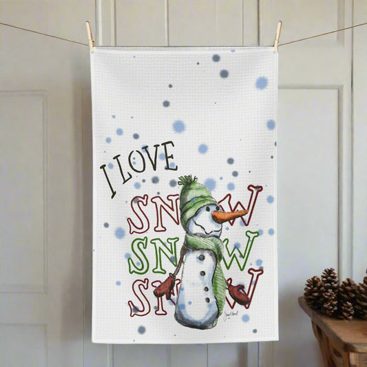 Tea Towel Microfiber "I Love Snow Snow Snow" art by Janet Hoard