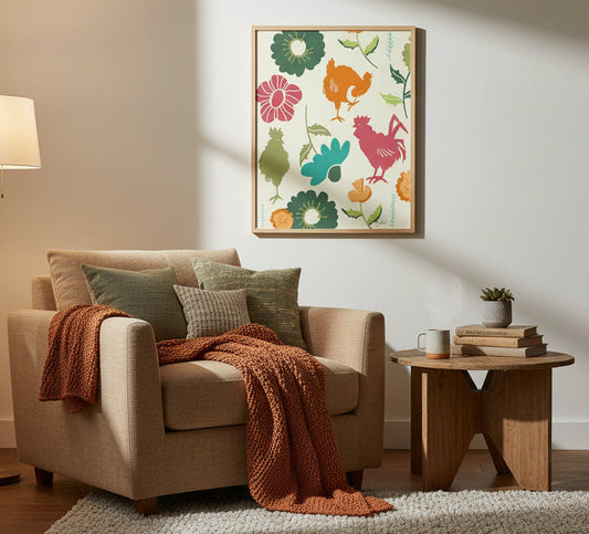 Across the Fence Wall Art | Whimsical Farmhouse Animal Botanical Print