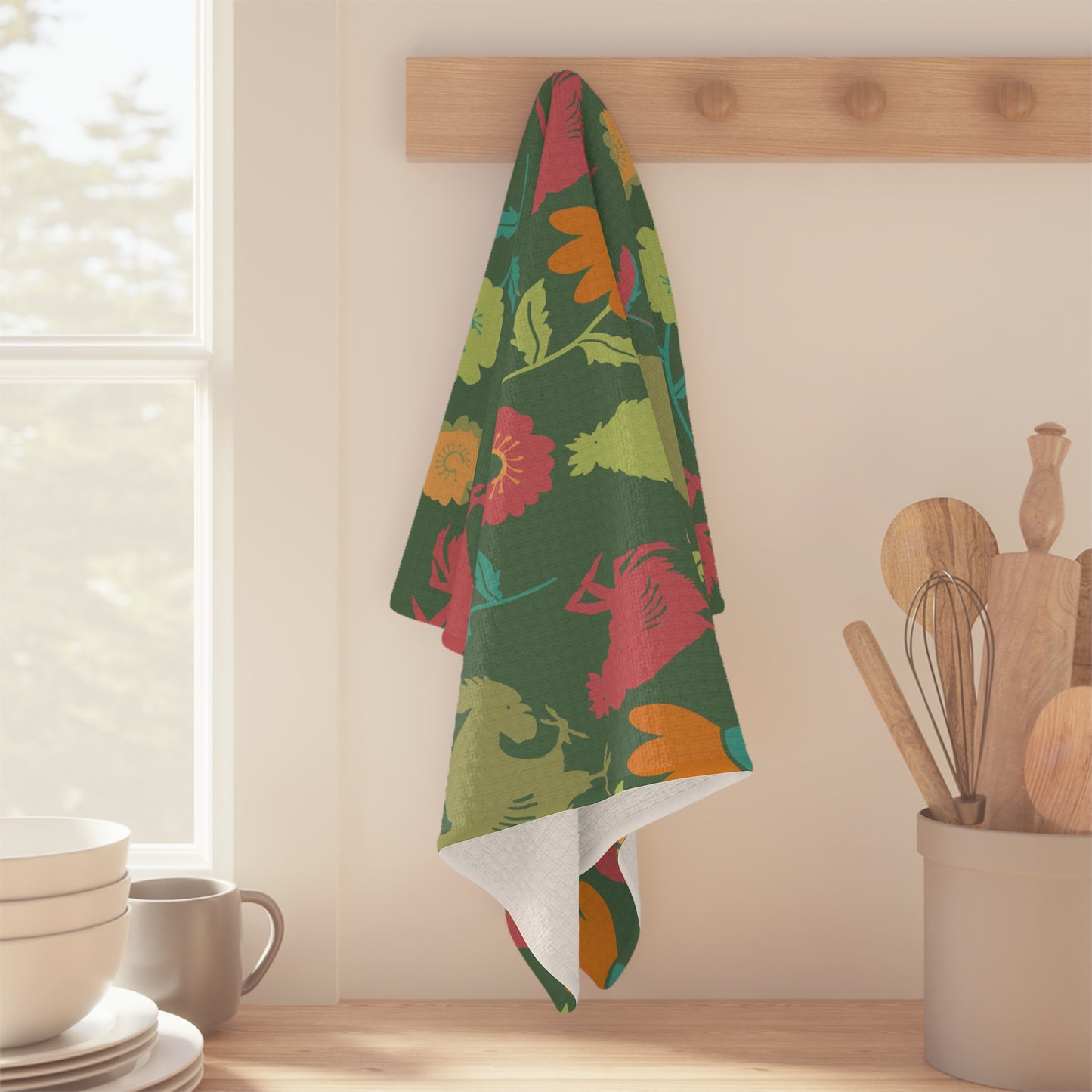 Farmhouse Floral Kitchen Towel “Barnyard in Bloom” | Rooster Garden Decor