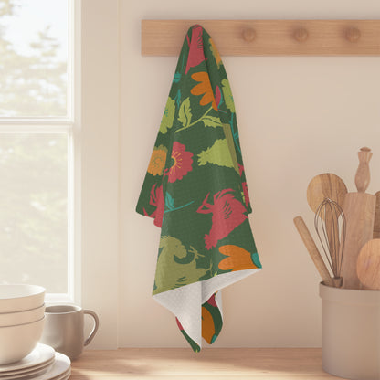 Farmhouse Floral Kitchen Towel “Barnyard in Bloom” | Rooster Garden Decor