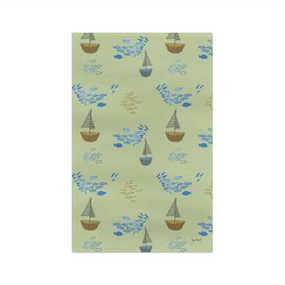 Sailboat Kitchen Towel | Coastal Green Nautical Decor