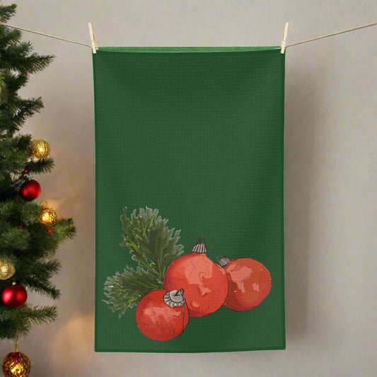 Tea Towel Microfiber "Red Ornaments" art by Janet Hoard