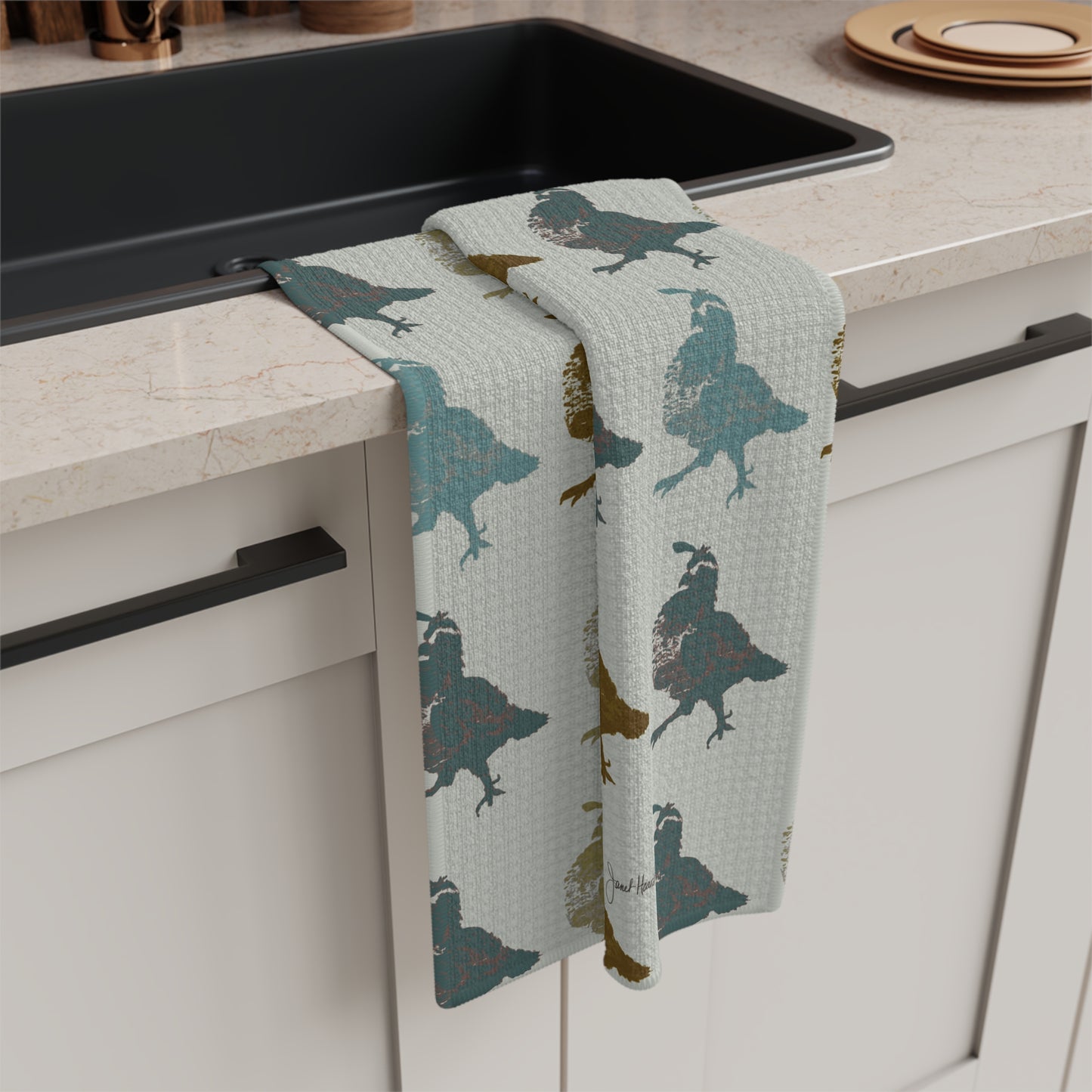 Quail Study Kitchen Towel | Earthy Woodland Kitchen Decor